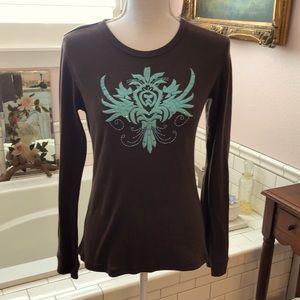 Texas Couture brown longsleeve ribbed Tshirt turquoise embroidery rhinestones Lg